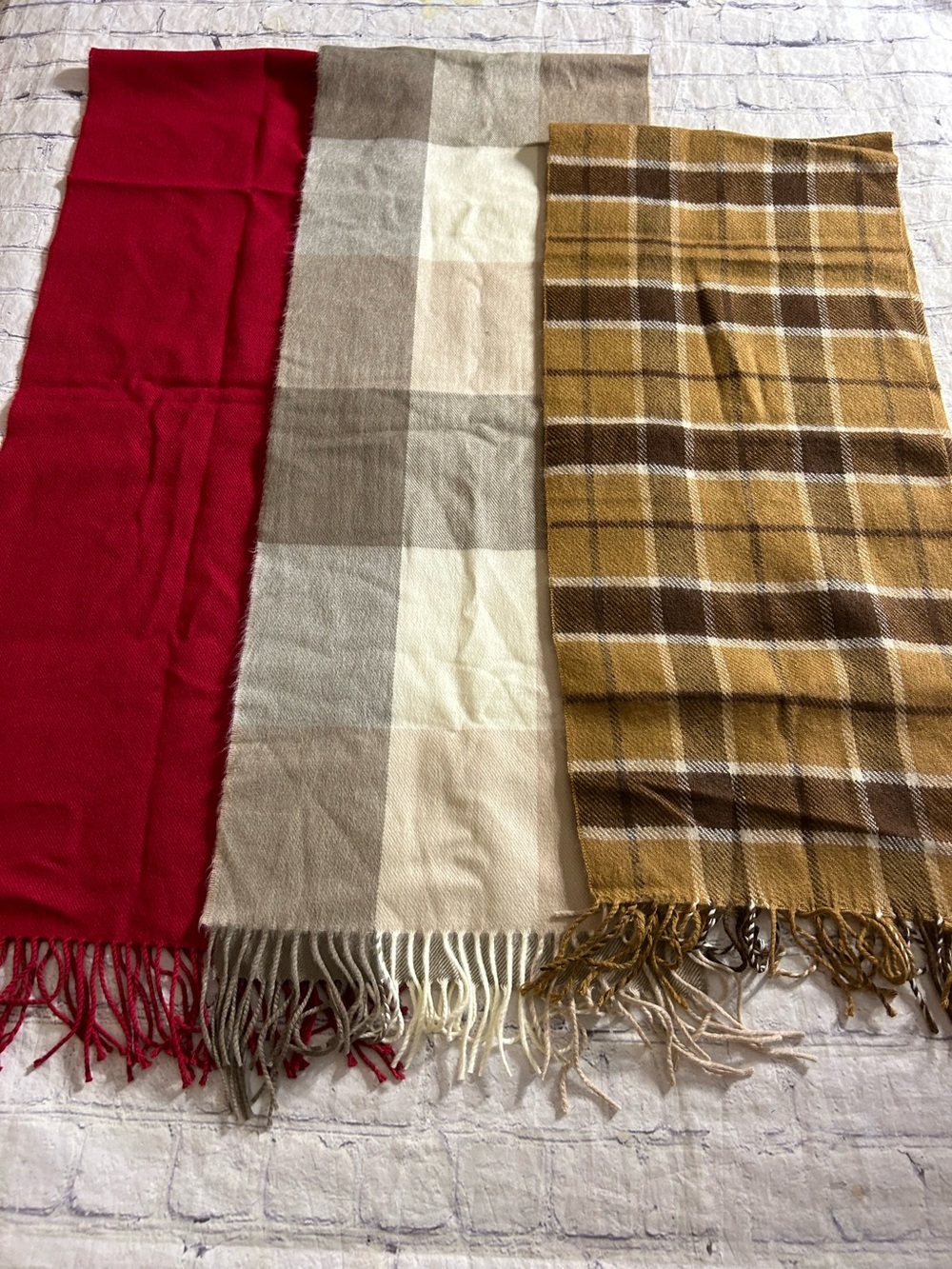 LOT OF (3) DIFFERENT CASHMERE OBLONG SCARVES WITH FRINGE SOLID AND PLAID O/S